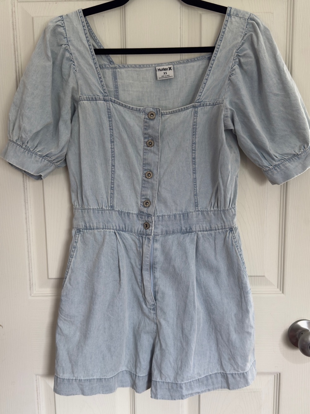 Hurley Light Blue Denim Button-Front Romper with Puff Sleeves